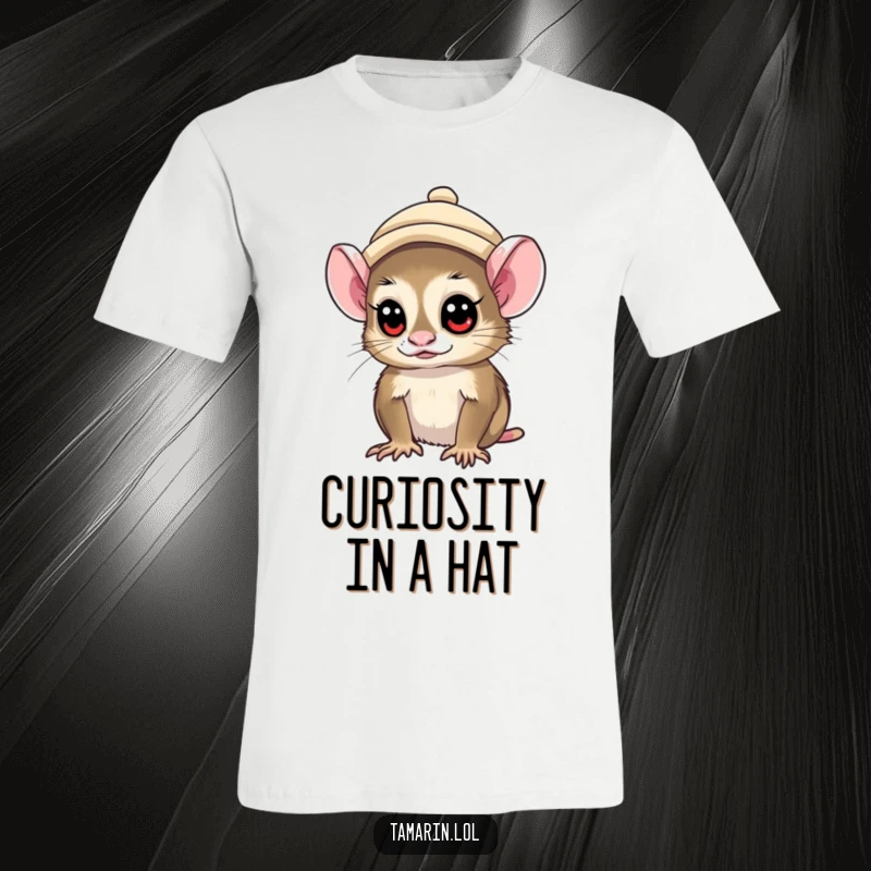 Funny tamarin monkey sporting a miniature hat, looking around with wide, curious eyes, on a comfortable tee.