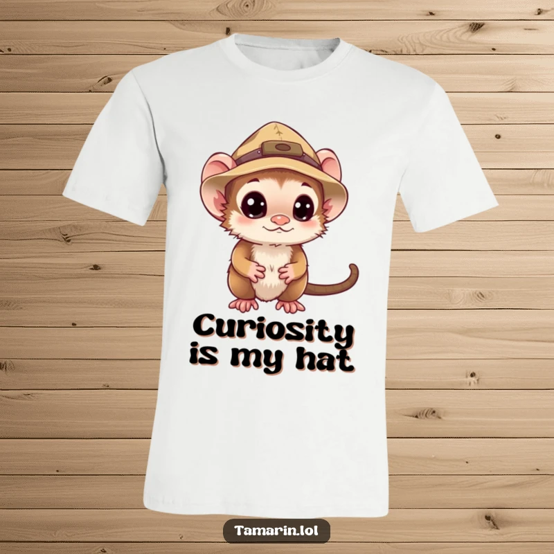 Funny tamarin t-shirt featuring a monkey in a small explorer hat, looking around with a curious and humorous expression.