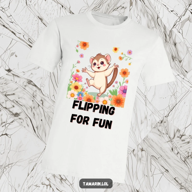 Funny Cartwheeling Tamarin T-Shirt: A rosy-cheeked monkey performing a cartwheel amidst colorful blooms, radiating pure joy and energy.
