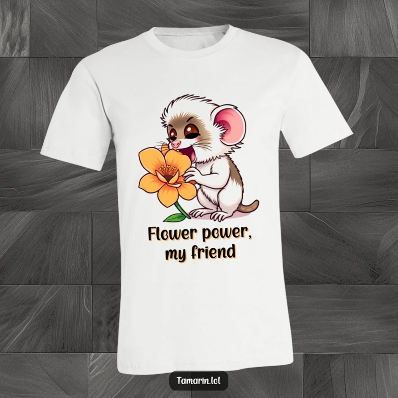 Funny tamarin monkey with its nose deep in an oversized, colorful flower, looking utterly delighted and curious.