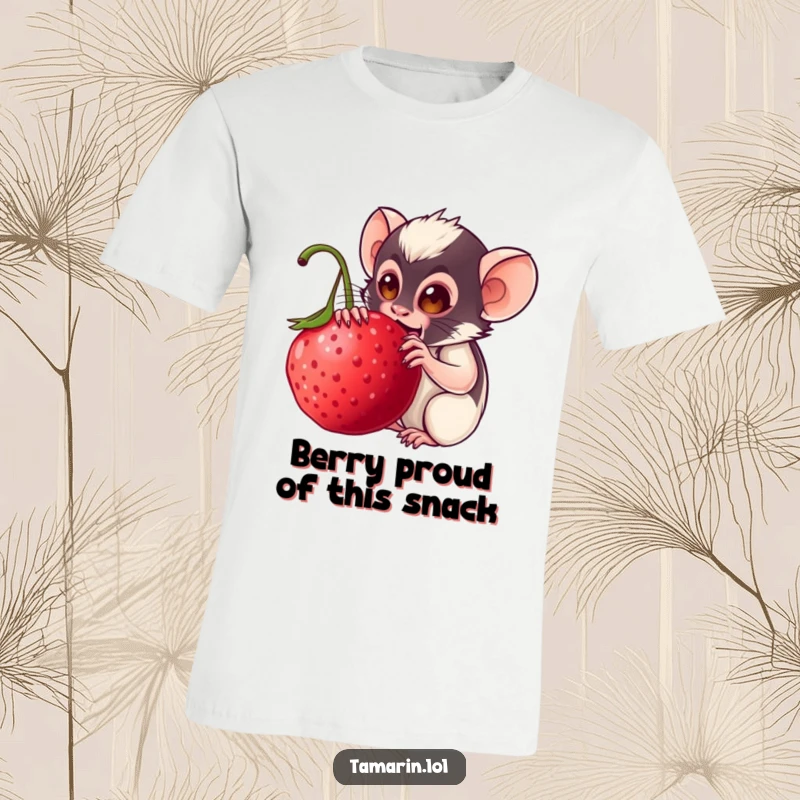 Funny tamarin t-shirt: a cheerful monkey with enjoyment on its face eating a huge, delicious berry, ideal for casual humor.