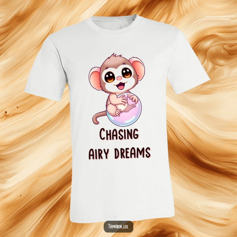 Funny tamarin t-shirt, depicting a tamarin with wide, delighted eyes precariously riding a fragile bubble, symbolizing whimsical pursuit and delight.