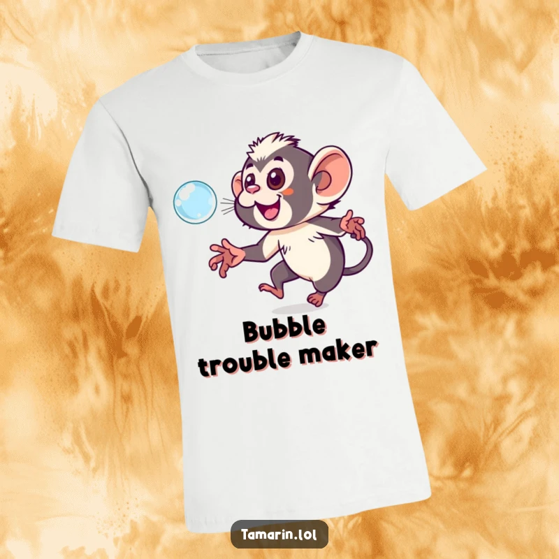 Funny tamarin t-shirt with a playful monkey joyfully chasing a shiny, floating bubble, a symbol of fun.
