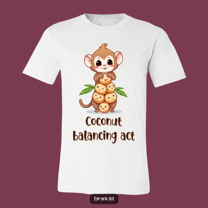 Funny Tamarin Coconut Balance T-Shirt: Cute Monkey Character Tee, Great Tropical Gift