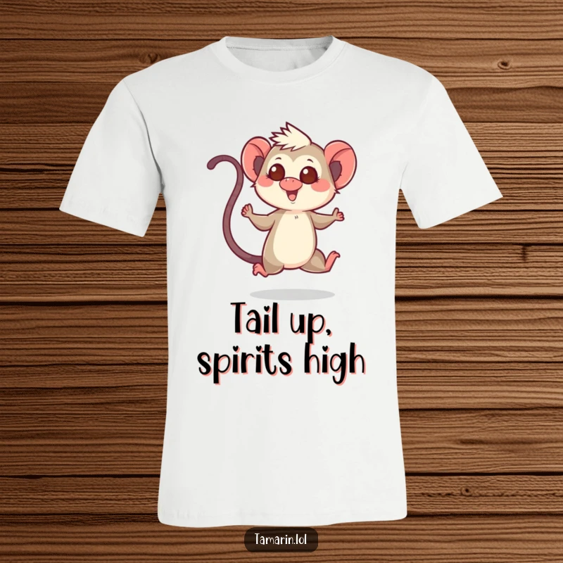 Funny t-shirt illustrating a tamarin character mid-hop with its tail up, radiating happiness and playful energy.