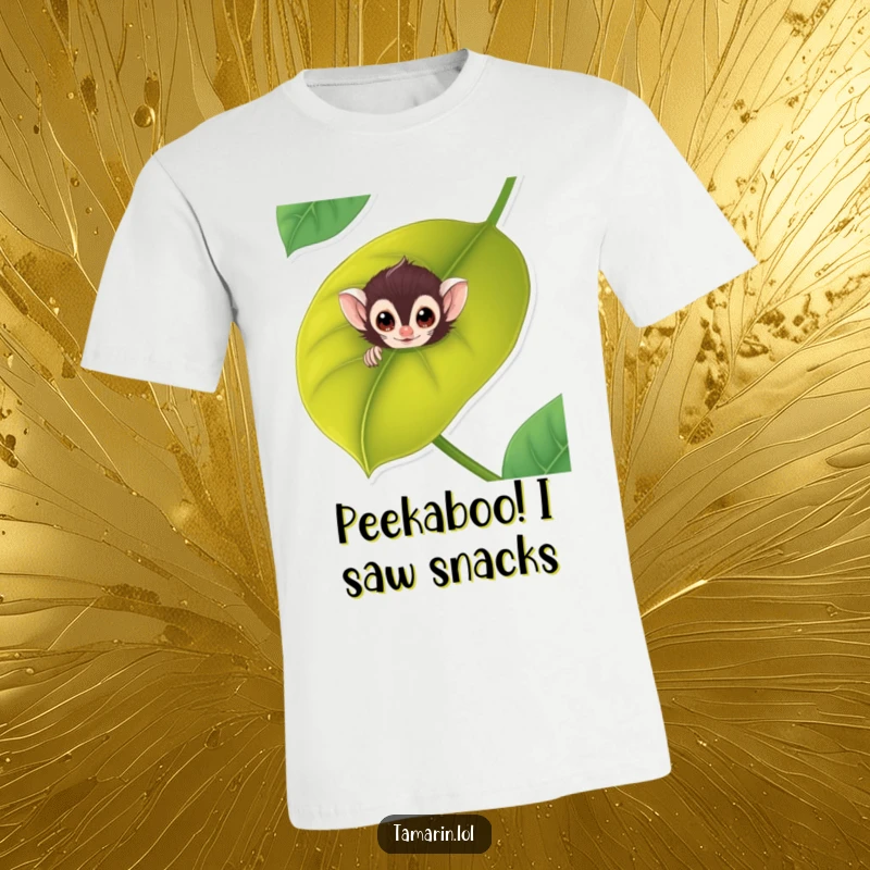 Funny tamarin t-shirt depicts a curious monkey peeking from behind a large, tropical leaf, showcasing its playful nature.