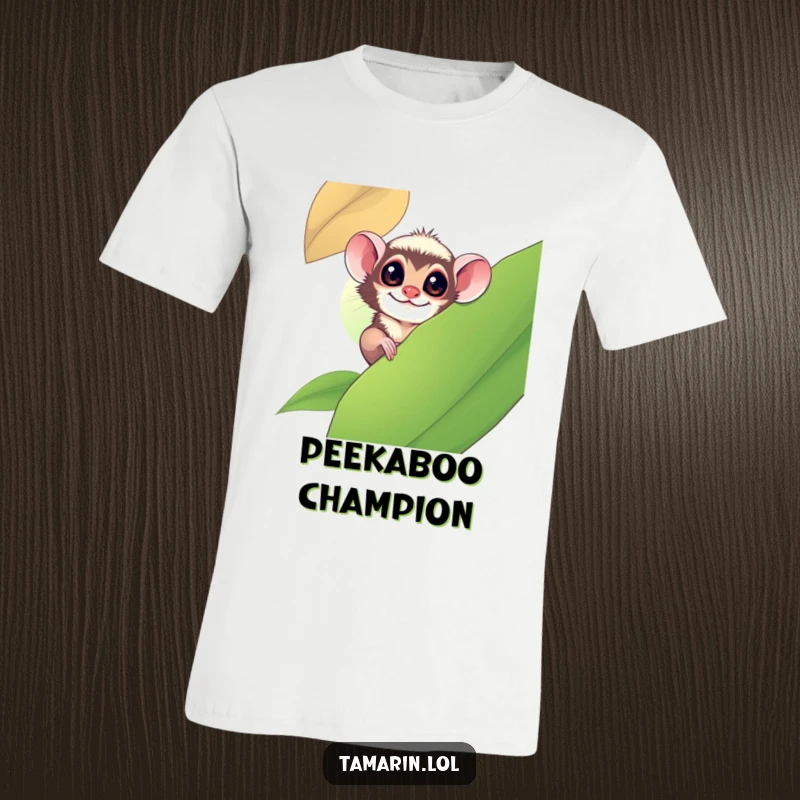 Funny tamarin monkey peeking mischievously from behind a large leaf, capturing a moment of playful hiding.