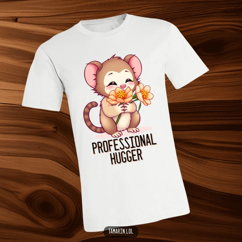 Funny t-shirt with a small tamarin character giving a warm hug to a vibrant flower, showcasing a tender moment.