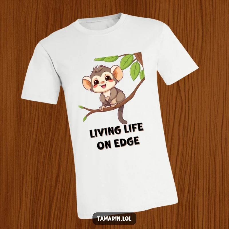Funny T-Shirt with a smiling tamarin character balancing on a tree branch, perfect for those who appreciate quirky fun.
