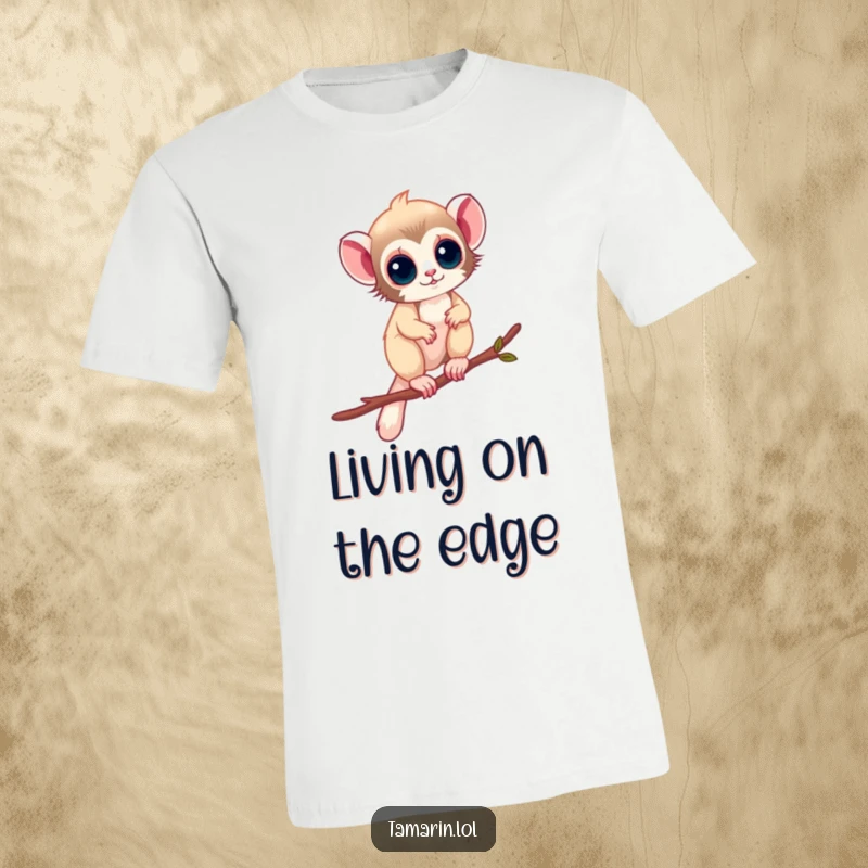 Funny T-Shirt: A tamarin balances expertly on a slender twig, symbolizing precision and courage, a great funny gift.