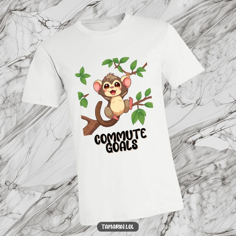 Funny Tamarin T-Shirt showcasing a dynamic tamarin swinging with pure exhilaration between jungle trees, capturing wild energy.