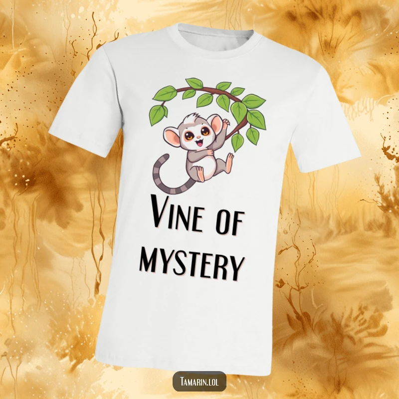 Funny t-shirt, tamarin excitedly swinging from a question mark vine, playful monkey design, curious exploration humor, perfect funny gift.