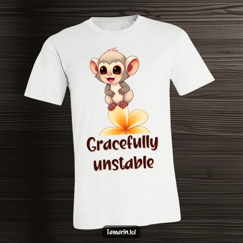 Funny tamarin monkey t-shirt showing a happy primate balancing gracefully on a flower petal, embodying delicate joy.
