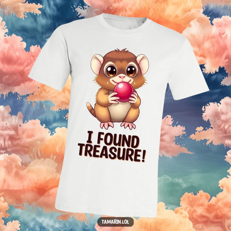 Funny Tamarin T-Shirt depicting a happy primate with excited eyes, clutching a glistening berry, offering a humorous vibe.