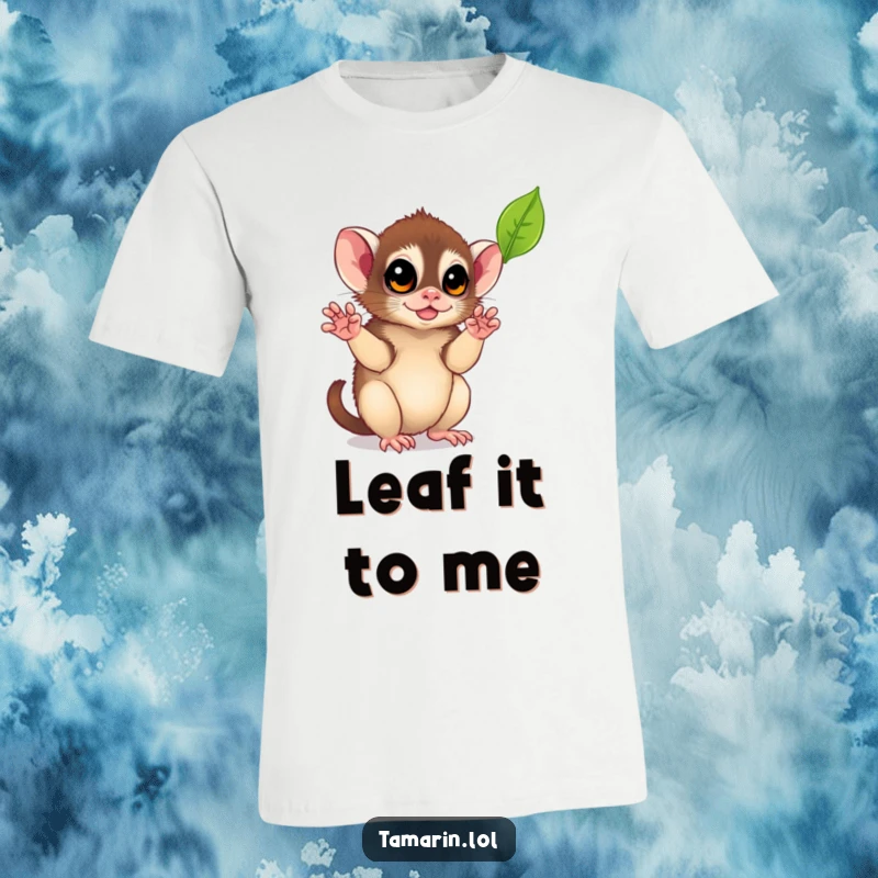 Funny Leaf-Catching Tamarin T-Shirt: A cute monkey reaching with small hands for a falling leaf, showcasing a moment of pure, playful fun.