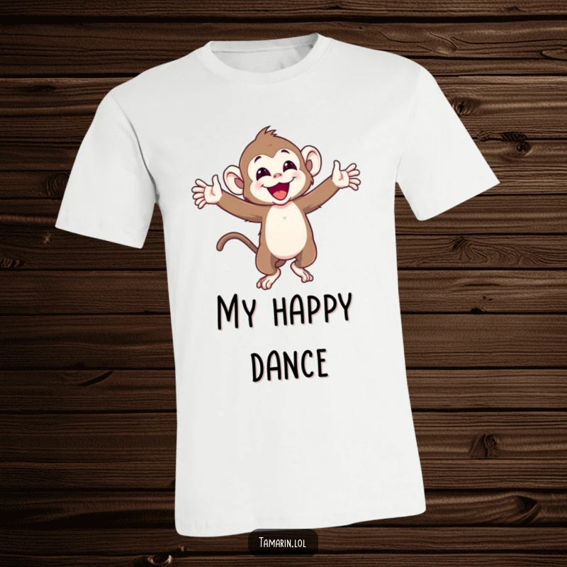 Funny t-shirt of a joyful tamarin monkey with arms wide, spinning around with uninhibited happiness and playful energy.