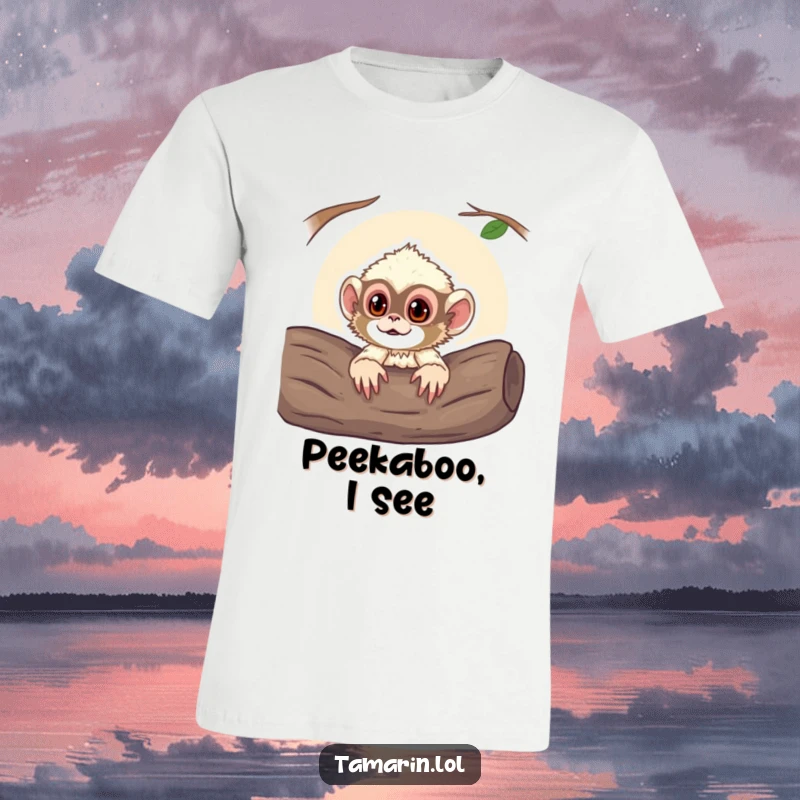 Funny t-shirt of a curious tamarin monkey peeking its head out from a log, showcasing adorable inquisitiveness and jungle fun.