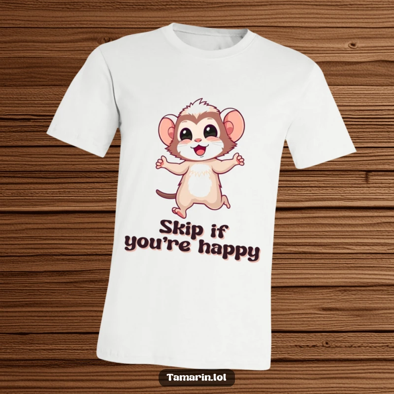 Funny tamarin t-shirt with a happy tamarin character performing a joyful little skip, full of life and playful charm.