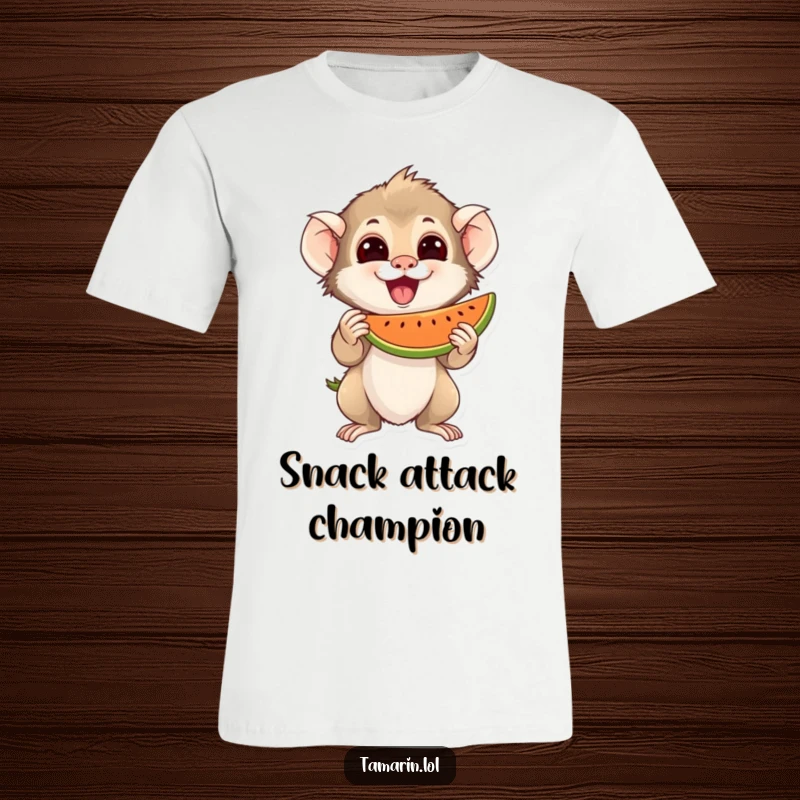 Funny T-Shirt with an excited tamarin character holding a juicy piece of fruit, perfect for fruit lovers.