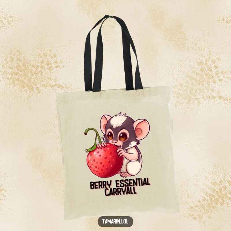 Funny tamarin tote bag: a cute monkey character holding a massive berry with a joyful expression, designed for everyday humor.