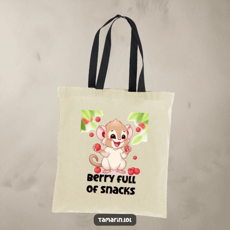 Funny tote bag showing a happy tamarin juggling a pile of small, round berries with great enthusiasm.