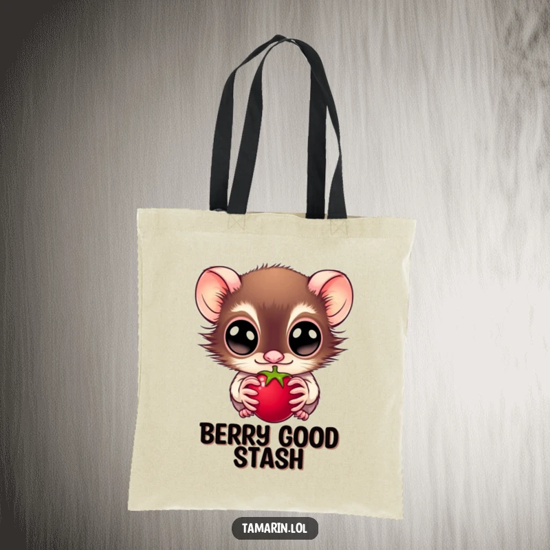Funny tote bag featuring a wide-eyed tamarin looking intently at a juicy berry, perfect for carrying essentials, a funny gift for primates fans.