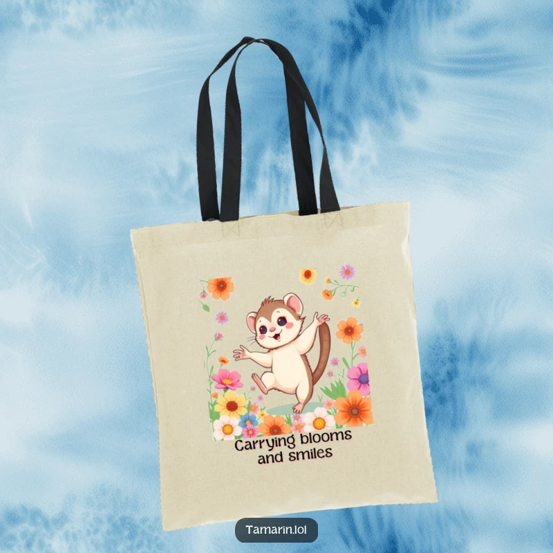 Funny Cartwheeling Tamarin Tote Bag: A colorful tote featuring a monkey doing a cartwheel amidst flowers, perfect for carrying your essentials with flair.