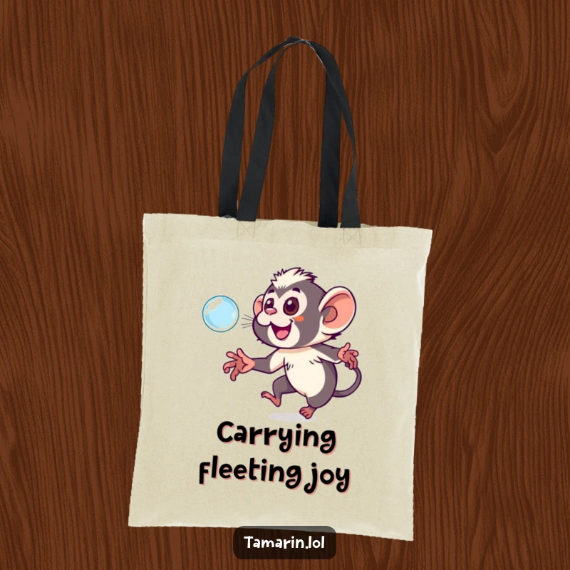Funny tamarin tote bag illustrating a playful monkey chasing a large, iridescent bubble with infectious glee and energy.