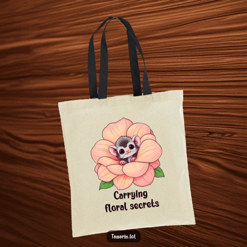 Funny tamarin tote bag showcasing a curious monkey peeking from a large, fragrant flower, proving practical and cute.