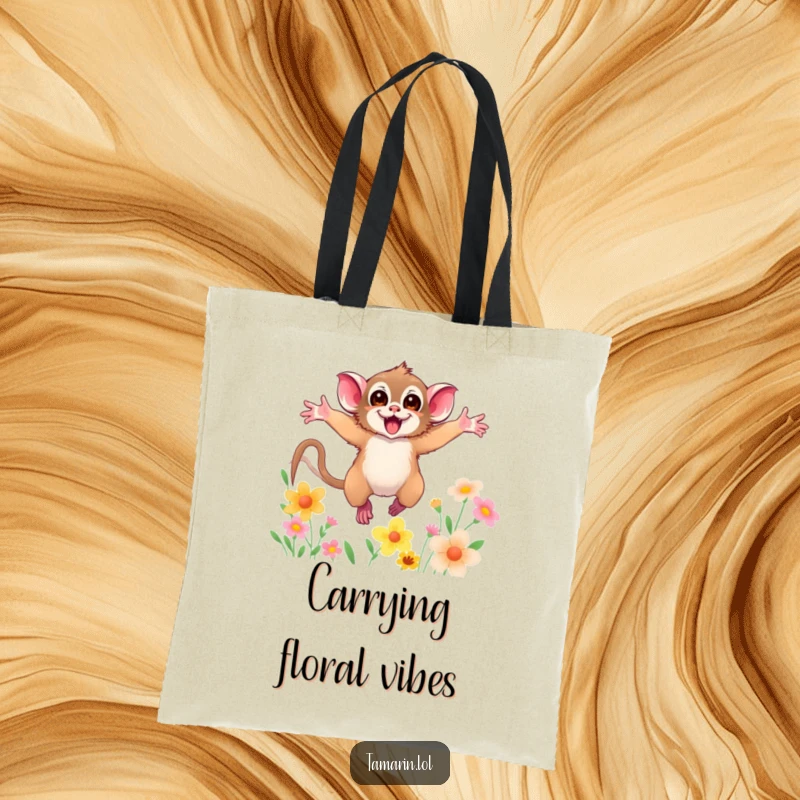 Funny tote bag featuring a tamarin with arms wide open, leaping through colorful flowers, perfect for stylish, humorous shopping.