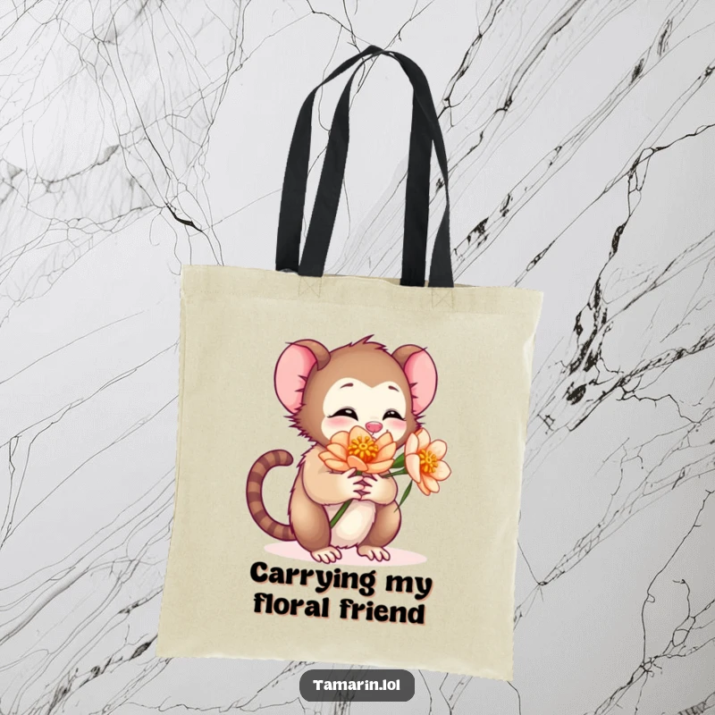 Funny tote bag with a tamarin character giving a warm hug to a flower, perfect for carrying daily items with a cute design.