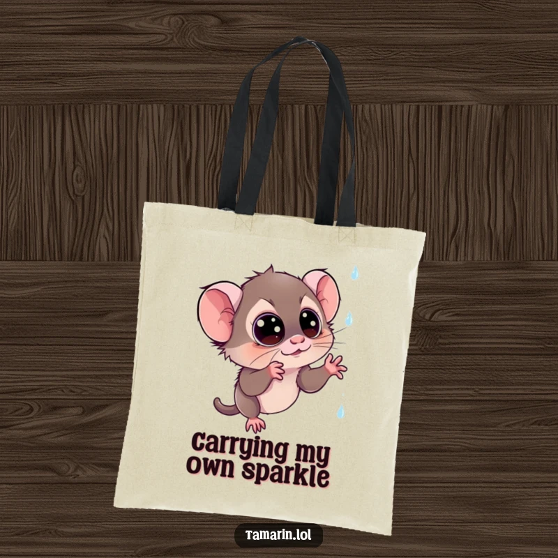 Funny tamarin tote bag: a cute monkey bag designed to carry essentials, featuring a wide-eyed monkey catching sparkling rain, adding whimsy.