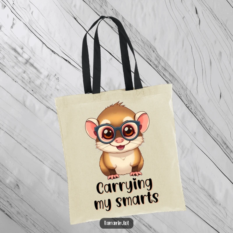 Funny Spectacled Tamarin Tote Bag: A charming monkey with tiny spectacles, grinning mischievously, perfect for carrying your everyday items with style.