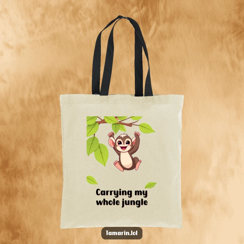 Funny tamarin monkey tote bag illustrating a primate swinging on a vine, showcasing a cheerful and agile character.