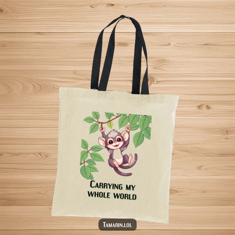 Funny Tote Bag with a cute tamarin character swinging from a vine, perfect for carrying items with jungle flair.