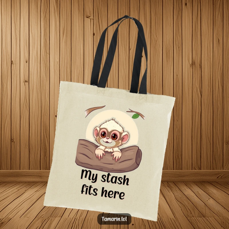 Funny tote bag with a curious tamarin monkey poking its head out from a log, perfect for carrying everyday items with playful style.