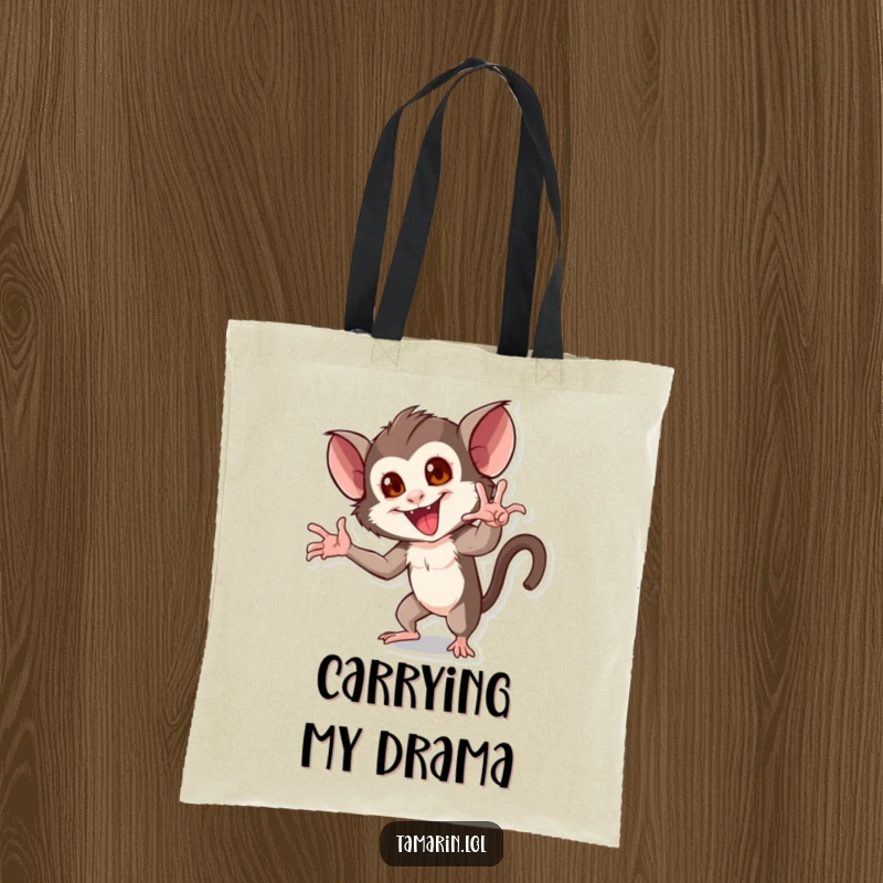 Funny tote bag depicting a tamarin striking a grandiose, dramatic pose with an abundance of theatrical flair.
