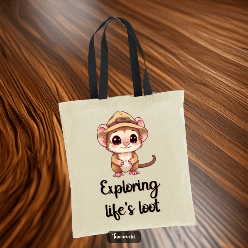 Funny tamarin tote bag showing a curious monkey in an explorer hat, ready for humorous expeditions and carrying treasures.