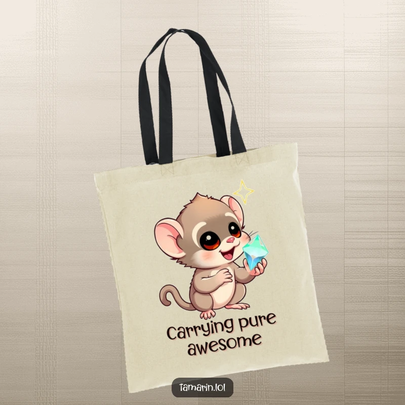 Funny tamarin tote bag showing a monkey clutching a sparkling gem, eyes wide with awe, perfect for a humorous shopping trip.