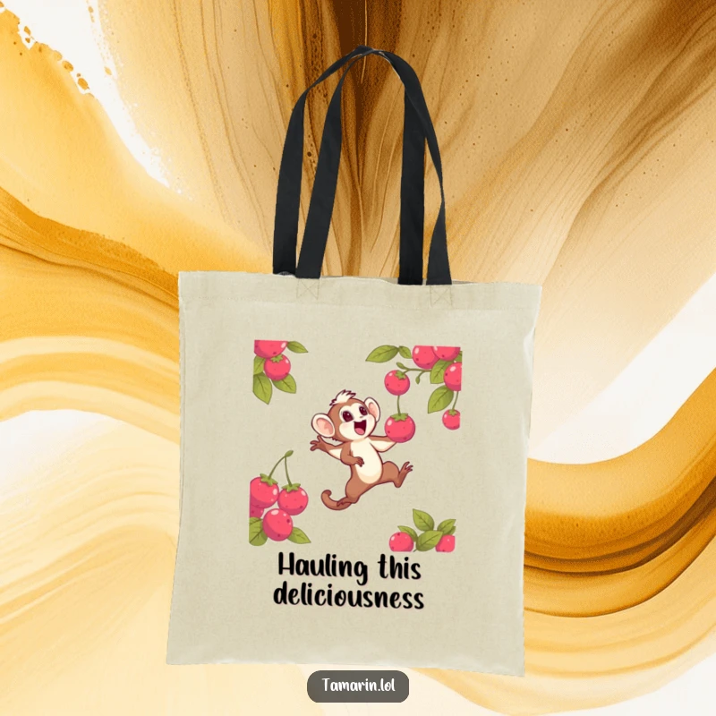 Funny tote bag with a leaping tamarin character reaching for a glowing berry, showcasing its energetic and determined pursuit in a charming illustration.