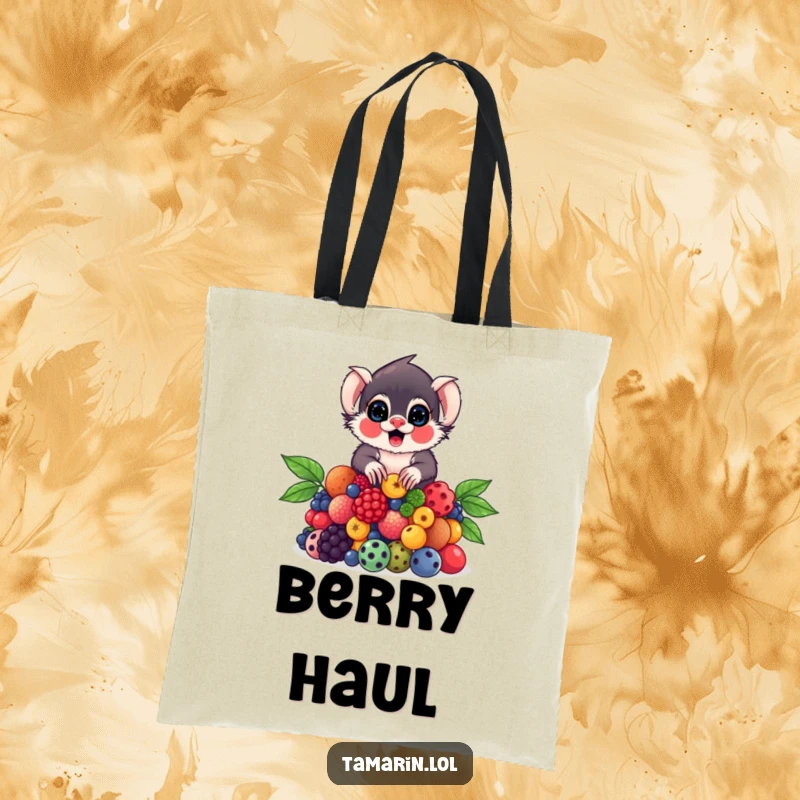 Funny Tamarin Tote Bag depicting a tamarin carefully balancing an impressive stack of various colorful berries.