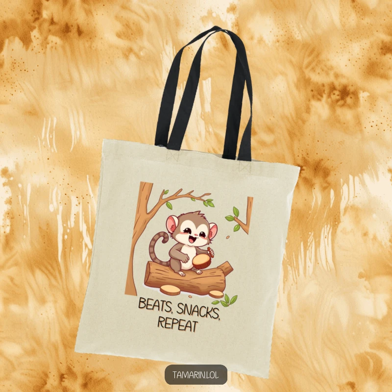 Funny tamarin drummer tote bag, a cheerful tamarin enthusiastically drumming on logs, ready to carry your items with musical flair.