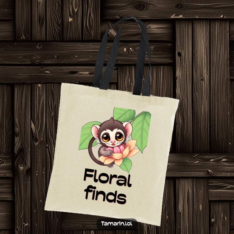 Funny Tamarin Tote Bag depicting a tamarin with wide, amazed eyes exploring the petals of a giant flower.