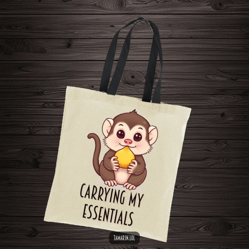 Funny Tamarin Tote Bag: Features a tamarin balancing fruit on its nose, ideal for carrying essentials with a humorous touch.