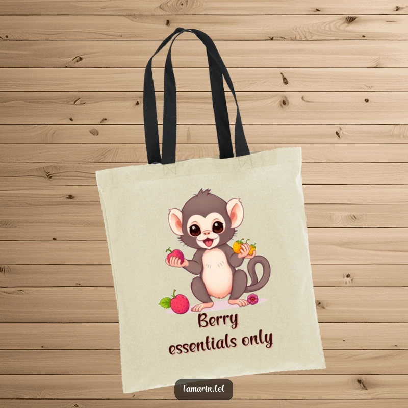 Funny tamarin monkey tote bag illustrating a cute primate juggling colorful berries, perfect for carrying everyday items with humor.