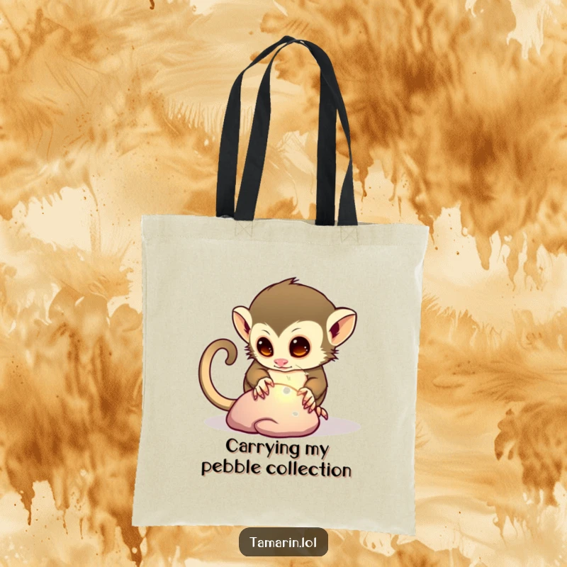 Funny tote bag showcasing a curious tamarin character examining a shiny pebble, designed for practical use and a good laugh.