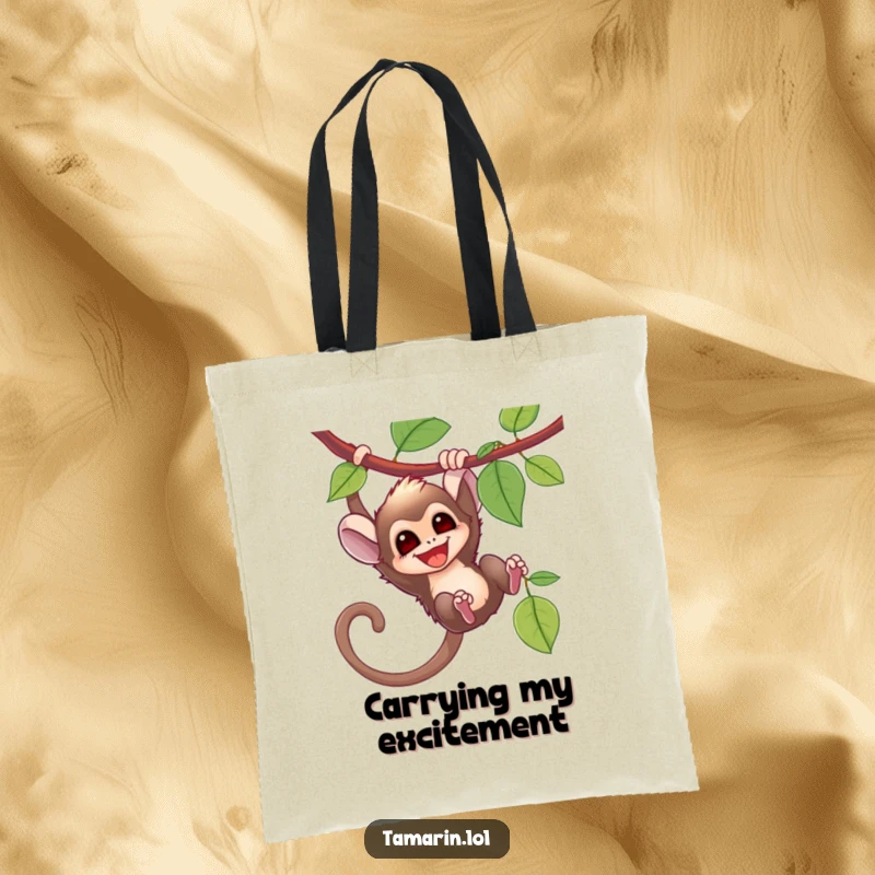 Funny tamarin monkey swinging happily on a vine, printed on a durable tote bag, ready for any jungle-like journey.