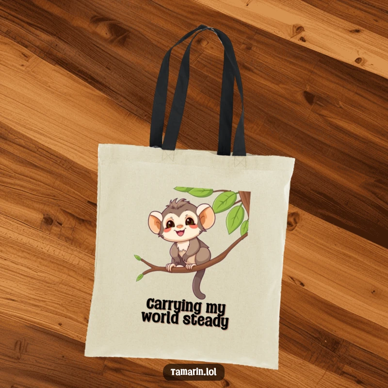 Funny Tote Bag with a smiling tamarin character balancing on a tree branch, perfect for carrying items with jungle charm.