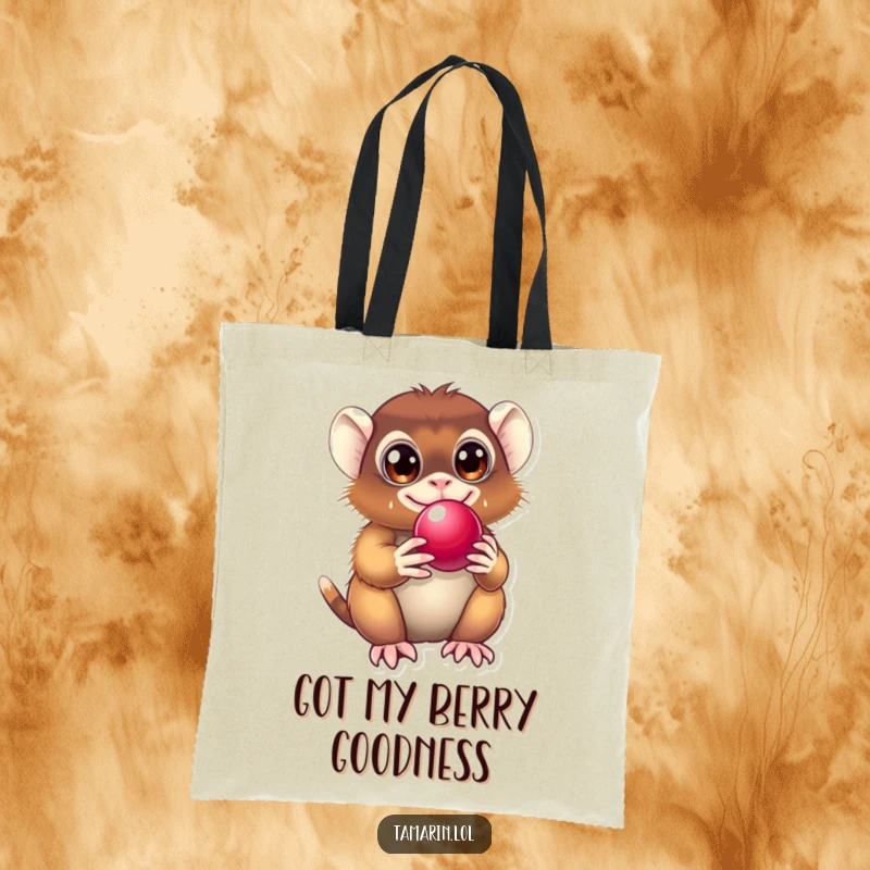 Funny Tamarin Tote Bag illustrating a happy primate with delighted eyes, gleefully holding a shiny berry, great for shopping.