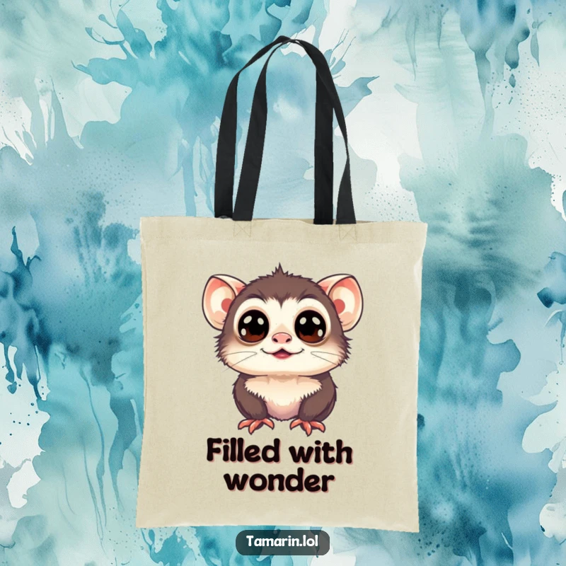 Funny Tamarin Tote Bag: Features a tamarin with wide, happy eyes looking up, ideal for carrying essentials with optimism.